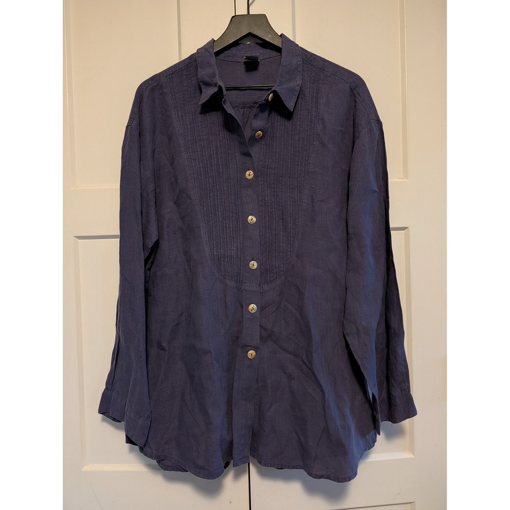 100% Linen Tunic Shirt Large Deep Indigo Blue Purple Pintuck Button Down Blouse